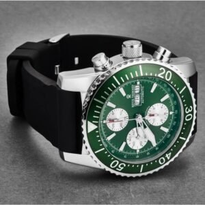 revue thommen 17030.6531 men's 'divers' green dial day date chronograph rubber strap automatic watch