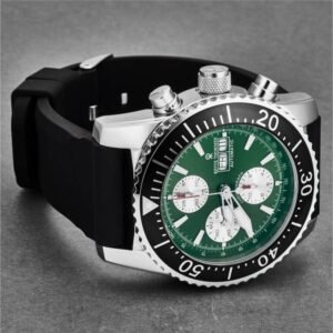 revue thommen 17030.6521 men's 'divers' green dial day date chronograph rubber strap automatic watch
