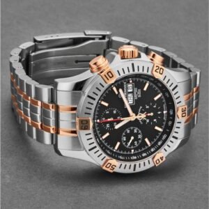 revue thommen 16071.6159 men's 'air speed' black dial chronograph day date two tone swiss automatic watch